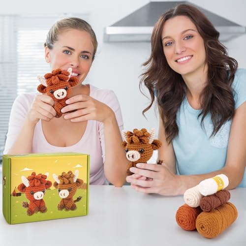 2PCS Highland Cow Crochet Kit for Beginners Crochet Starter Kit for Adults