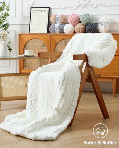 Cozyful Chunky Yarn for Hand Knitting, #9 Thick Jumbo Big Chunky Yarn for Crocheting, Super Chunky Knit Blanket Yarns, Large Chunky Chenille Yarns, 8 Pack (30 yds 8 oz Each Skein), Cream