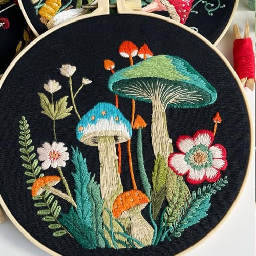 Myfelicity Embroidery Kit with Mushroom Patterns, 3 Hoops, Fabric, Threads, Needles, Instructions (red)