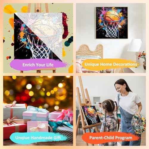 Basketball Paint by Numbers Kit for Kids, with Frame and Easel, 8x8 inch