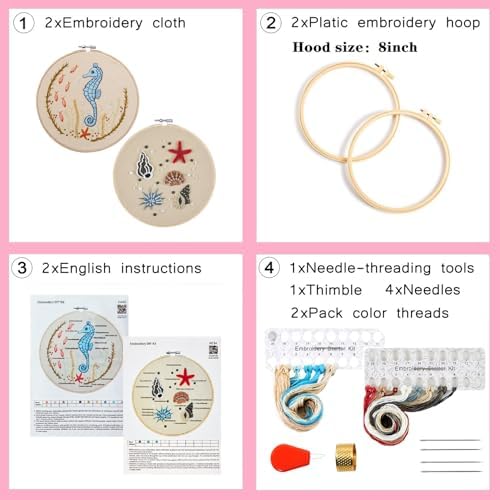 Beach Embroidery Kits for Beginners Adults, Coastal Hand Embroidery Set Needlepoint Kits, Stamped Cross Stitch Kits for Beginners Adults, 2 Embroidery Hoops, Fabric, Thread (Attached Video Tutorial)