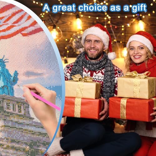 4th of July Diamond Painting Kit for Adults, Patriotic Independence Day Decor with American Flag and Statue of Liberty, 5D Full Drill Round Diamond Art Kit, DIY Crystal Rhinestone Embroidery Painting