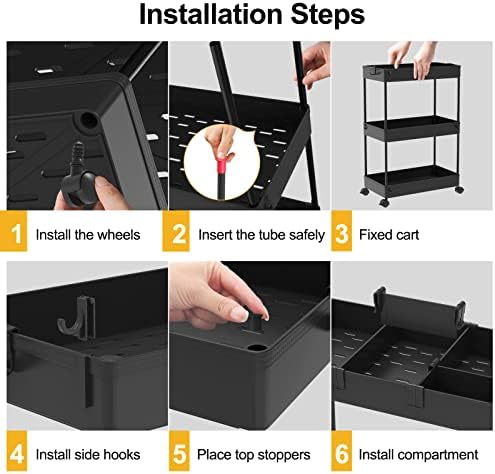 SPACELEAD 4 Tier Rolling Cart with Wheels, Storage Craft Art Trolley Organizer Serving, 3 Hanging Baskets Easy Assembly, for Office, Living Room, Kitchen