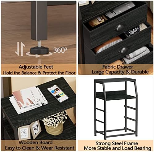 Furnulem Black Night Stand, Small Bedside Table for with 3 Fabric Drawers