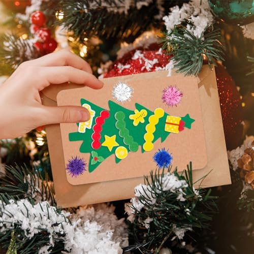 Whaline 420 Pcs Christmas Card Making Craft Kit with Xmas Tree Pom Pom Stickers & Envelopes Handmade Invitation Greeting Card Supplies for Holiday DIY Crafts Party Decor