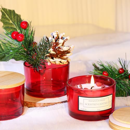 CONNOO 15 Pack 4oz Red Glass Candle Jars with Airtight Bamboo Lids