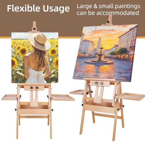 Horizontal Beechwood Studio Easel with Drawer and Palettes, Natural | H-Frame Solid Wooden Painting Easel for Students, Beginners, and Artists, Hold Canvas to 50Inches High