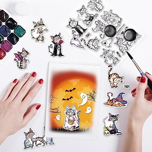 INFUNLY Cat Die and Stamp Set Cat Clear Stamps and Dies for Card Making Ghost Animal Rubber Stamp Black Cat Transparent Silicone Stamps for Crafting Paper Halloween DIY Scrapbooking Decor
