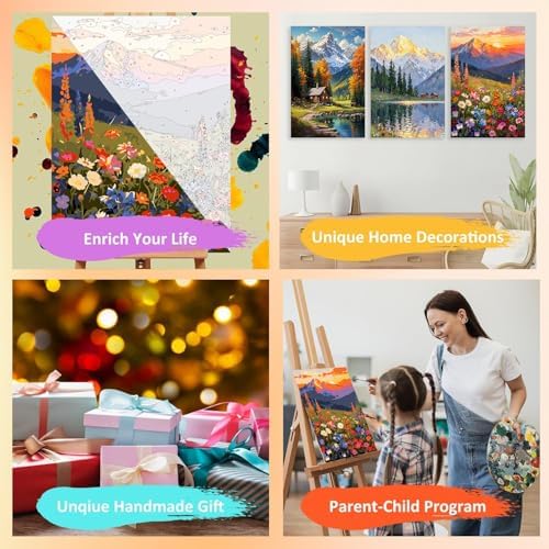 3 Pack Framed Paint by Numbers for Adult with Wooden Easel (8x12 inch) | Mountain Scene Paint by Number on Canvas Oil Painting Kit with Brushes, Easy Adults' Paint-by-Number Kits for Home Wall Decor