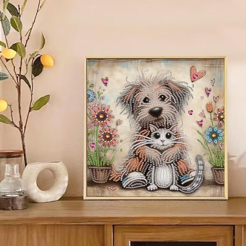 AiYuanzsh 5D Special Shape Diamond Art Kits for Beginners, Diamond Art Painting Kits for Adults, Crystal Rhinestones Diamond Art Painting for Home Wall Decoration Gift 12×12 inch, Cat and Dog