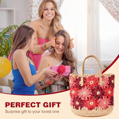 Noocro Crochet Kit for Intermediate or Advanced Level, Floral Raffia Bucket Bag, Purse, Step by Step Video Tutorial, Detailed Instruction Complete Kit Craft Supplies Holiday Gift (Rosy Bloom)
