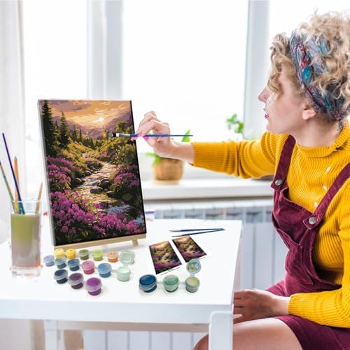 JOOZ Landscape Paint by Number for Adults Beginner with Frame Paint by Number Kits Sunsets on Canvas with Easel DIY Digital Oil Painting for Home Wall Decor Gifts 7.87x11.81 Inch