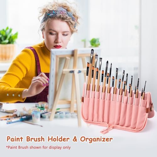 Paint Brush Holder Case for Artists with 22 Slots, Brush Organizer with Pop-Up Stand, Travel Paintbrush Storage Bag for Acrylic Oil Watercolor, Zippered Art Brush Cover (Brushes Not Included)