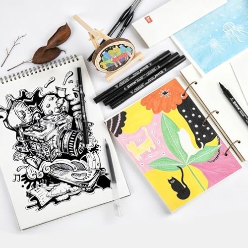8 Pack Black Acrylic Ink Pens for Drawing, Fine Point Black Gel Pens, Brush Tip Markers,Dual-Tip Opaque Acrylic Markers for Highlighting Drawing, Sketching, Illustration, Card Making