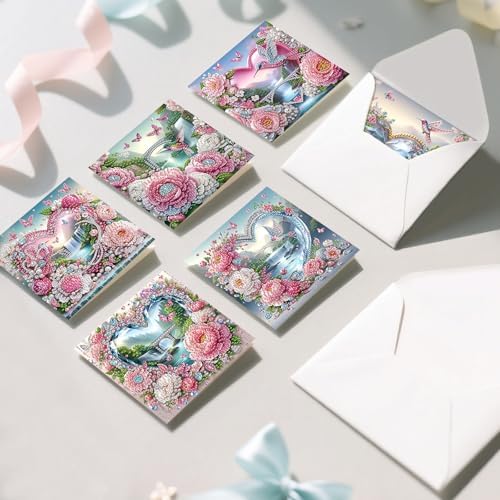 6 Pack Diamond Art Greeting Cards with Envelopes, Flowers and Hummingbirds DIY 5D Diamond Painting Card Kit, Handmade Rhinestone Postcards for Birthday & Valentine’s Day Wishes (30x15cm)