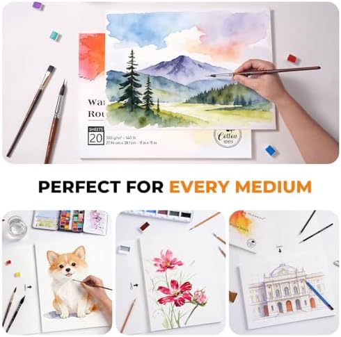 Fuumuui 11×15 Watercolor Paper Block, Textured Rough 100% Cotton Watercolor Paper, 140lb/300gsm, 20 Sheets, Acid-Free, Art Paper for Painting & Drawing, Wet, Mixed Media, Rough Grain