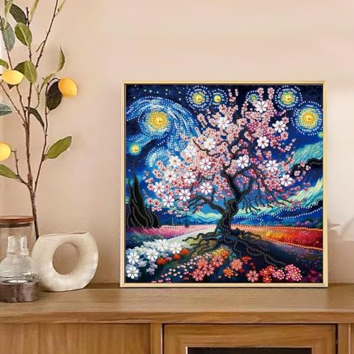 AiYuanzsh 5D Special Shape Diamond Art Kits for Adults, Cherry Blossom Tree Diamond Painting Kit, Starry Sky Style Crystal Rhinestone Diamond Art for Wall Decor Gift, 12×12 Inch