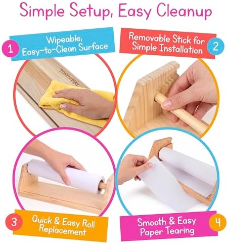 Wooden Kids Paper Roll Dispenser with 12" x 75 ft Art Paper Roll – Tabletop Easel for Drawing, Painting & Crafts – Smooth Easy-Pull Holder for Creative Play – 7 Days of Play