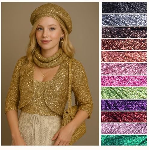 Twinkle Metallic Glitter Yarn Sparkle Fine 1 Light fingering weight worsted gold silver for Crochet Knitting, 25g 0.88oz, 175 yard Soft Craft Shawls Cardigans Bags Sparkly Lurex Silver 918