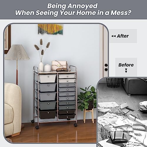 GOFLAME 15-Drawer Rolling Storage Cart, Craft Storage Cart with Removable Drawers & Lockable Wheels, Art Cart Supply Storage Organizer for Home Office Classroom, Gray Gradient