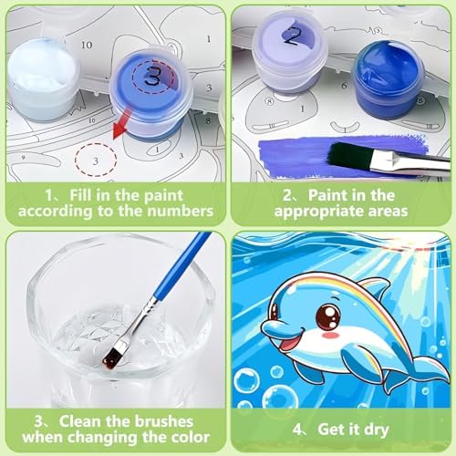 Reivworl Dolphin Paint by Numbers Kit for Kids with Frame 8×8 inch