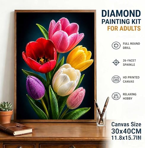 Tulips Diamond Art Kits for Adults,Colorful Flower Bouquet Diamond Painting