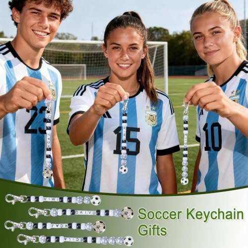 Tuhangcc 500 Pcs Soccer DIY Keychain Making Kit, Adjustable Letter Alphabet Beads Strings, 16 Charm Cards with Lobster Clasps & Strings for Sport Theme Party Favor Gift (Soccer)