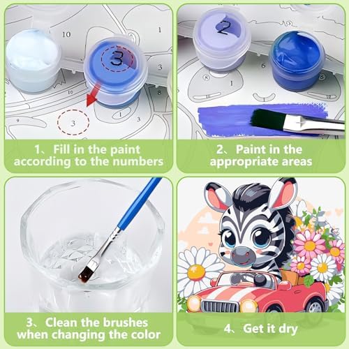 Reivworl Zebra Paint by Numbers Kit for Kids with Frame 8×8 inch
