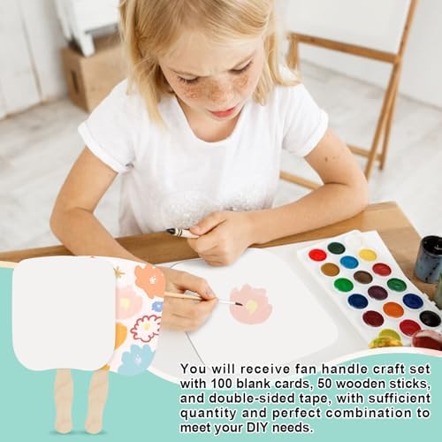 LOTMER 50 Sets Church Fans Handheld Kit | 100 Blank Cardstock Fan Sheets and 50 Wavy Wooden Sticks for DIY Painting, Custom Fans, Church Events and Craft Projects