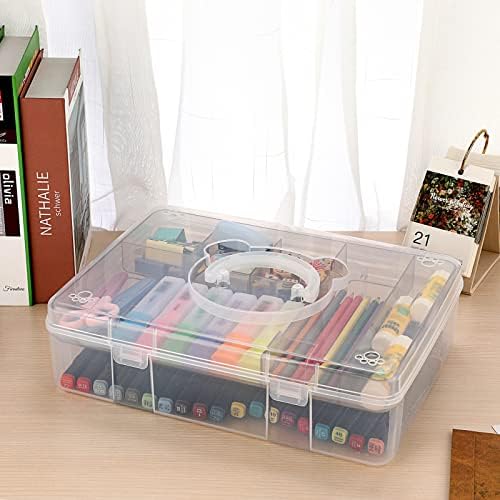 BTSKY 2-Tier Cute Bear Storage Box with Removable Divided Tray Portable Clear Plastic Art Craft Supply Organizer Stackable Home Office Supplies Storage Container for Pens Notes A4 papers etc (Coffee)