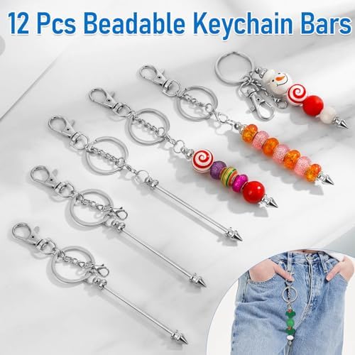 ROADPLUM 12 Pcs Beadable Keychain Bar, Silver Bead Keychain Beaded Item for Pendant DIY, Alloy Blank Key Chain Accessories Bulk for Beadable Gift Jewelry Making Supplies