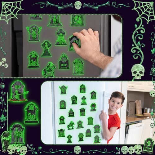 Motipuns 30 Pcs Luminous Halloween Tombstones Diamond Painting Magnets Kits