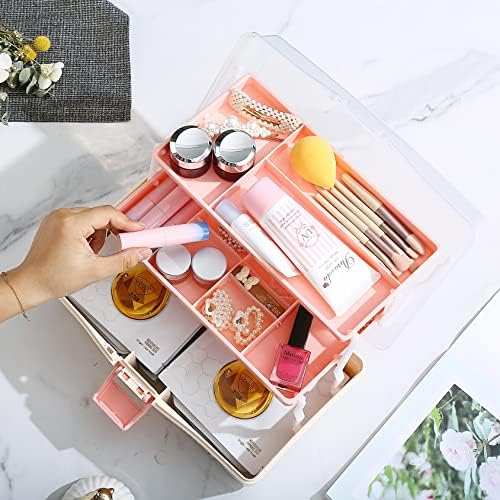 Kinsorcai 12'' Three-Layer Clear Plastic Storage Box/Tool Box, Multipurpose Organizer and Portable Handled Storage Case for Art Craft and Cosmetic (White)