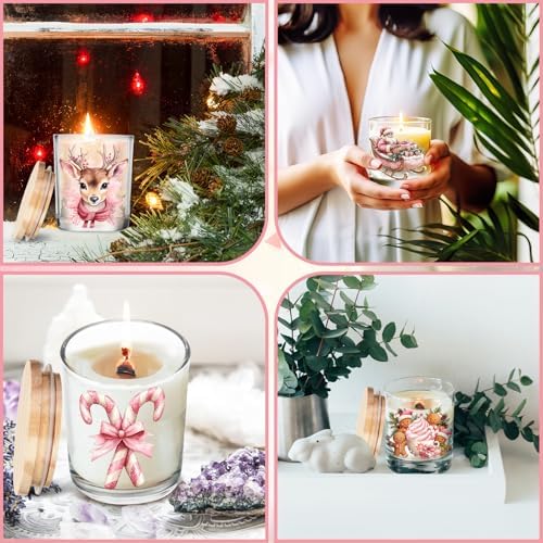 Ziliny 10 Pcs Pink Christmas Glass Candle Jars Empty Containers Bulk 7 oz Pink Elk Snowman Santa Claus Glass Jars with Cork Lids Tins for Candle Making Storing Biscuits Party Favors