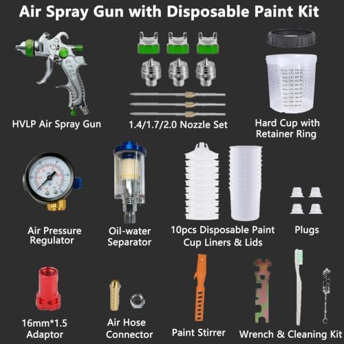 HVLP Spray Gun with 10Pcs Disposable 600ML Paint Cups & 3 Nozzles for Car
