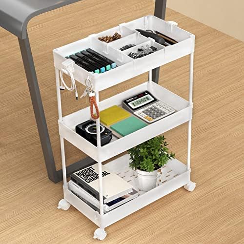 SPACELEAD 3 Tier Rolling Cart with Wheels, Storage Craft Art Trolley Organizer Serving, 3 Hanging Baskets Easy Assembly, for Office, Bathroom,Living Room, Kitchen, White
