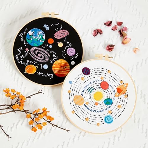 Armindou Embroidery Kit for Adults Beginners, Hand Embroidery Starter Kit with Solar System Patterns, Counted Stamped Cross Stitch Needlepoint Kit for Beginner Adult, 2 Set Embroidery Supplies/Hoop