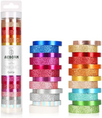 Metallic Glitter Washi Tape - 24 Rolls Thin Colored Masking Tape Set, 6mm/10mm Decorative Tapes for Bullet Journal, Scrapbook, Christmas DIY Crafts, Gift Packaging