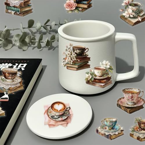 50 PCS Vintage Coffee Book Stickers for Scrapbooking Journaling Junk Journal Supplies -Retro Reading Sticker Waterproof Transparent PET Aesthetic Decals for Resin Crafts Decorative Art Crafts (Read)