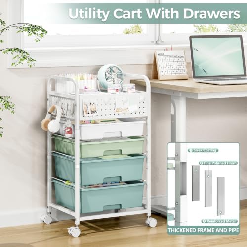 4 Drawer Rolling Storage Cart with Pegboard Top and Hooks, Gradient Green