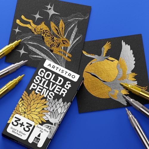 ARTISTRO 6 Gold & Silver Metallic Acrylic Paint Pens – 0.7mm Extra Fine Tip Paint Pens for Crafts, Rock Painting, Greeting Cards, Ornament Decor, DIY Art
