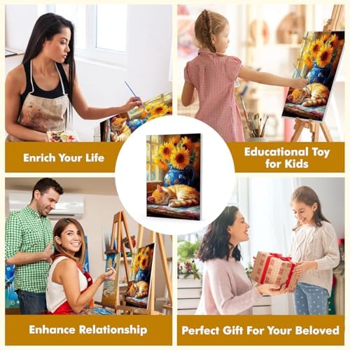 Bowetile Framed Paint by Numbers Cat Kit for Adults, Adults' Paint-by-Number Kits on Canvas, Painting by Numbers Sunflower, DIY Acrylic Number Painting for Home Wall Decor, 8x12in
