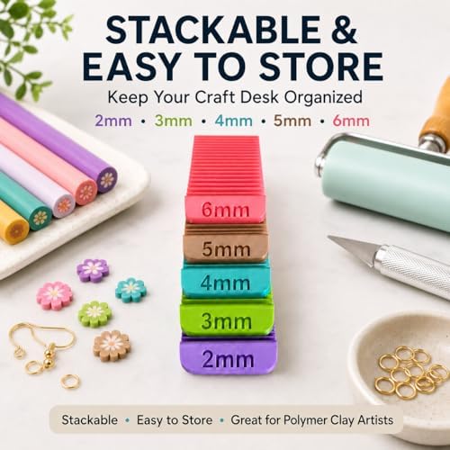 Juphex Polymer Clay Cane Slicing Guides for Earring Making and Precision Crafting, 5 Color-Coded Thickness Cutting Tools (2mm, 3mm, 4mm, 5mm, 6mm),3D Printed