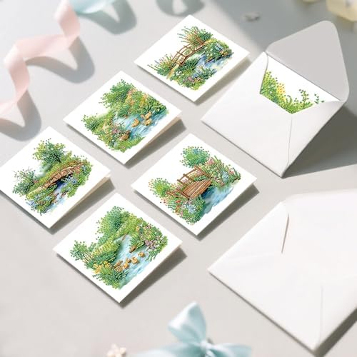 AiYuanzsh 6 Pack Garden Landscape Diamond Painting Greeting Card Kits with Envelopes, 5D DIY Diamond Art Cards for Adults, Handmade Card Craft Kit for Holiday Birthday Wishes (30x15cm)