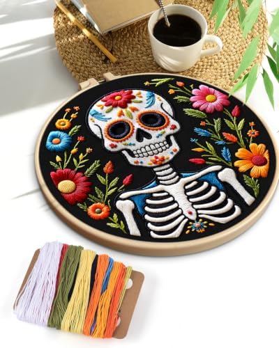 TINDTOP Embroidery Kit for Adult Beginners, Embroidery DIY Starter Kit, with Stamped Patterns, Hoop, Tools, Colorful Threads with Needles, Instructions (Skeleton C)