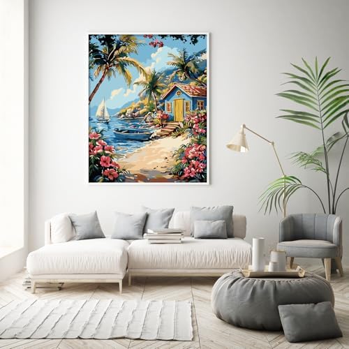 Possoco Paint by Numbers Kit for Adults Beginner, Beach Landscape Easy Adult Paint by Number Kits on Canvas, DIY Acrylic Watercolor Oil Paint by Number for Adults for Home Decor Gift 16x20 Inch