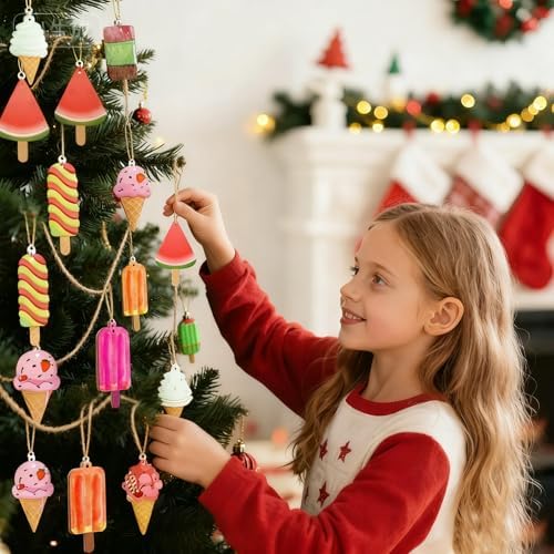 40Pcs Ice Cream Unfinished Wooden 8 Style Cutouts Ornaments DIY Craft Paintable Blank Cutouts Hanging Wood Slices for Summer Birthday Pool Party Decor Supplies