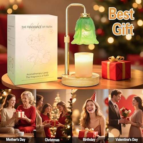 XJZJY Green Flower Candle Warmer Lamp with Timer, Birthday Gifts for Women | Dimmable wax melt warmer with 2 bulbs for jar candles, height adjustable, Green tulip design, home decor, housewarming gifts