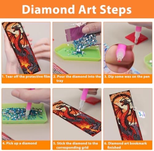 Mandun 4 Pcs Dragon Diamond Painting Bookmark Kits, Special Shaped Diamond Art Bookmarks with Pendant, DIY Dragon Diamond Art Bookmarks with Tassels Crafts Gifts Supplies