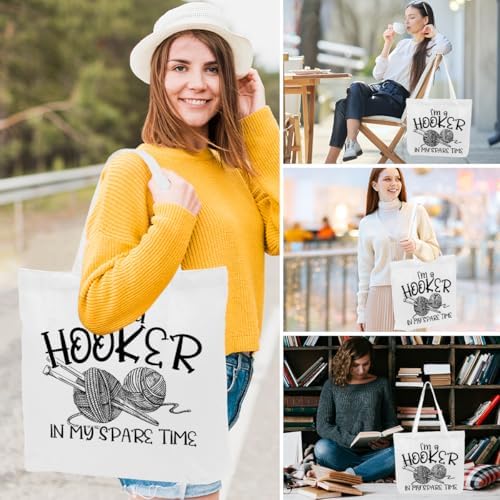 Crochet Knitting Humor Yarn Gifts Canvas Tote Bag, Reusable Grocery Shopping Bags for Crocheters Christmas